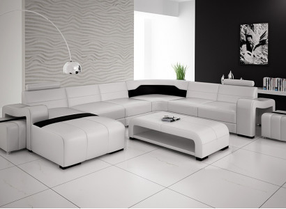 Luxurious leather sectional sofa upholstery corner suite U shape white sofa set couch